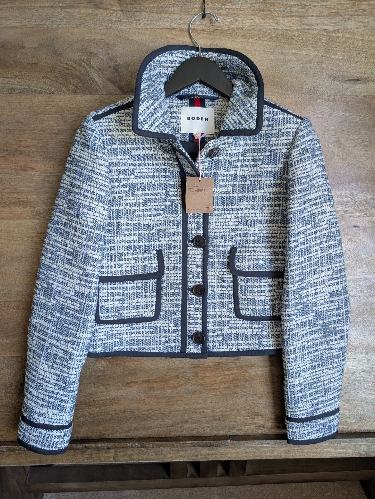 Nwt Boden Lisburn Jacket Womens Size 4 Blue Black Textured Tweed Button Front